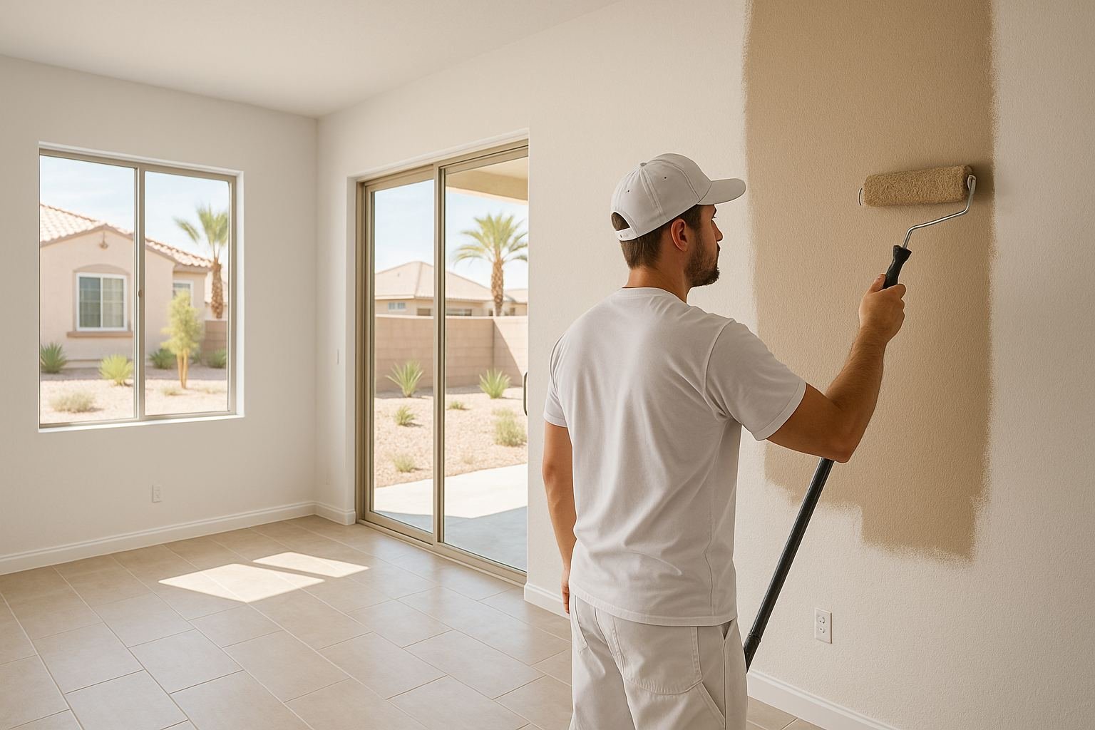 Painter rolling warm color over builder-grade white walls in a new Henderson, NV home